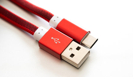 Usb and usb type C connectors for smartphone and gadgets closeup in white background. Plug micro...