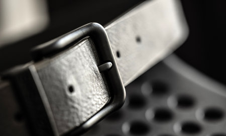 Black leather belt with metal steel buckle macro view. Clothes male accessory with elegance casual...