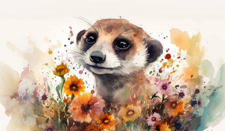 watercolor painting portrait of cute meerkat muzzle in colorful flowers , generative AIの素材