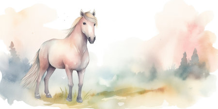 watercolor painting of fabulous horse in the meadow in pastel colors , generative AIの素材