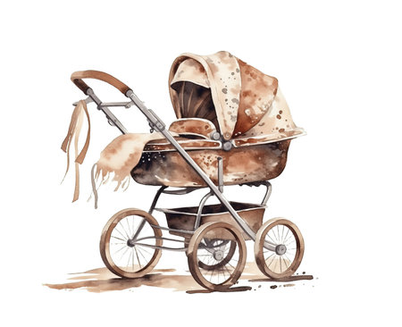 watercolor painting illustration of baby stroller on a white background , generative AIの素材