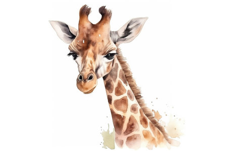 watercolor painting illustration of cute giraffe face on a white background , generative AIの素材