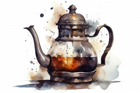 watercolor painting of beautiful old teapot with a hot drink coffee or tea , generative AIの素材