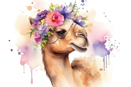 Watercolor paint illustration of camal portrait in flowers on white. Bohemian boho drawing for nursery poster. , generative AIの素材