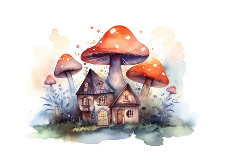 magical fabulous wooden houses under big mushroom from storytale, watercolor painting fantastic world , generative AIの素材
