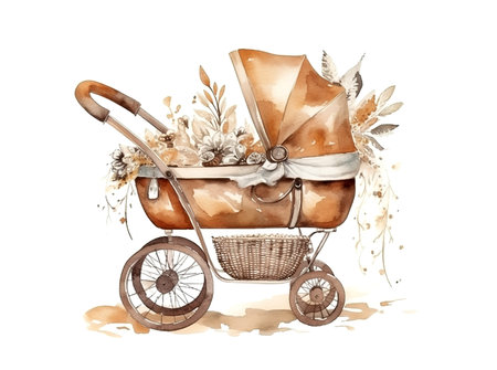 watercolor painting illustration of baby stroller full of flowers on a white background , generative AIの素材