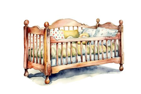 watercolor paintings of baby cot on a white background, pastel color baby crib , generative AIの素材