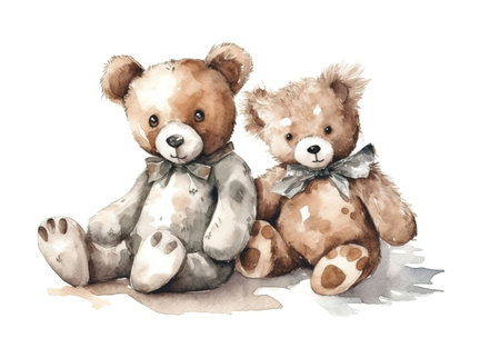 watercolor paint illustration of cute teddy bears plush kids toys on a white background , generative AIの素材
