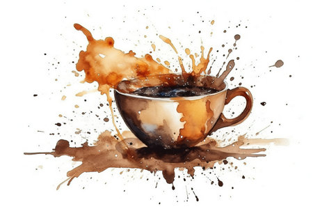 watercolor painting illustration of coffee cup with splashes and drops , generative AIの素材