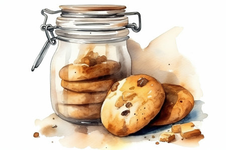 watercolor painting of tasty sweet American Cookies with chocolate in a glass jar , generative AIの素材