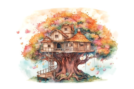 watercolor painting a fairy wooden house in the blooming crown of the big tree with a bridge and Ladders , generative AIの素材