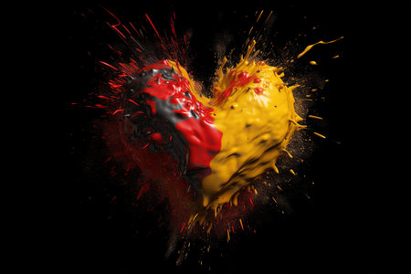 drops and splashes paints in the shape heart in a German national flag colors, generative AIの素材