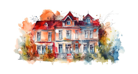 watercolor painting illustration of colorful two-storied house front side on a white background , generative AIの素材