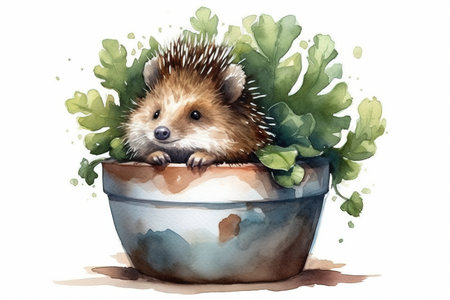 watercolor painting illustration of cute hedgehog in the pot with home plant , generative AIの素材