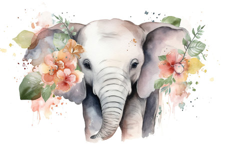 Watercolor paint illustration of a little baby elephant in flowers on white. Bohemian boho drawing for nursery poster. , generative AIの素材