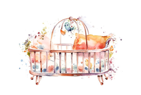 watercolor paint illustration of baby cradle on a white background , generative AIの素材