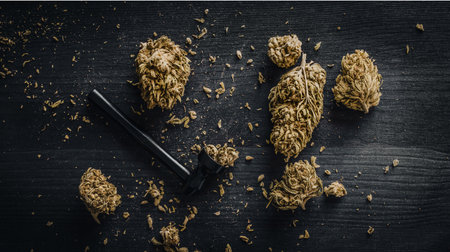Dried CBD cannabis buds and a metal smoking pipe on a dark wooden backgroundの写真素材