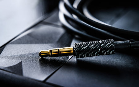 audio mini jack connector and wires close up viewの写真素材