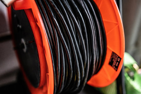 Large bobbin coil with cable wire closeup. Reel with black twisted cordの写真素材