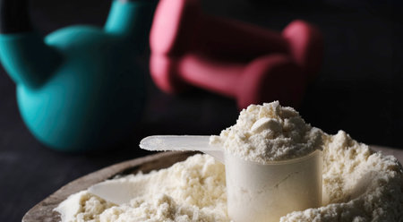 Measuring spoon with dry sports protein with sport equipment on a table