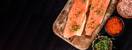 fillet of trout red fish with herbs and salt on a cutting board, top view with copy space
