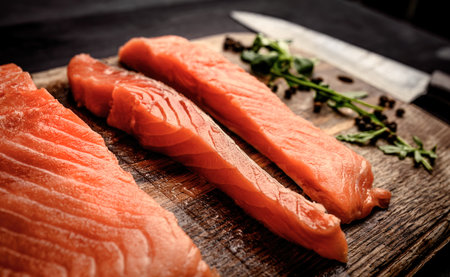 Raw salmon steaks with green herbs on wooden table with knife. Red omega fish steaks for healthy omega dietの写真素材