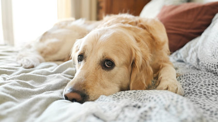 Golden retriever dog resting lying in bed and close its eyes. Purebred pet doggy labrador napping sleeping at homeの写真素材