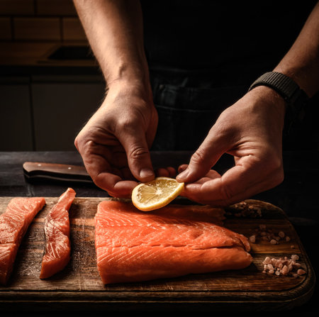 Chief hands preparing salmon fillet with lemon slices on wooden table at kitchen. Man cooking red fish steak for healthy dinnerの写真素材