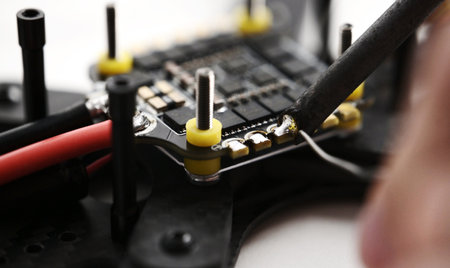 Process of soldering connections on microchip of fpv drone