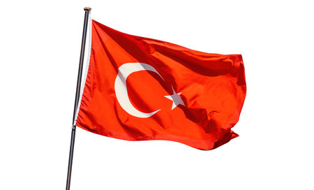 Turkish Flag On Pole Waving On Clear Sky Backgroundの写真素材