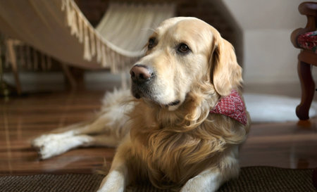 Golden retriever dog lying on floor and looking up at home alone. Purebred pet doggy resting in room indoorsの写真素材