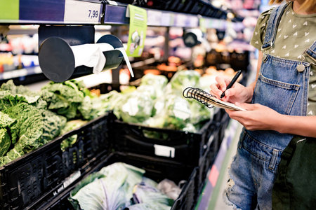 Pretty girl child buying vegetables with shopping list in supermarket and checking products with notes. Beautiful female preteen kid in grocery storeの写真素材