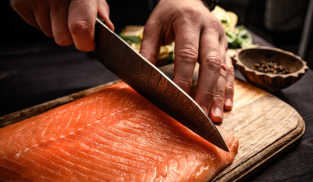 Sushi chef cuts raw salmon with knife on wooden table for japanese sashimi. Professional cook...