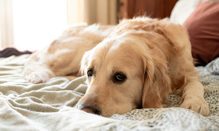 Adorable Golden Retriever Dog Lying On Bed In The Roomの写真素材