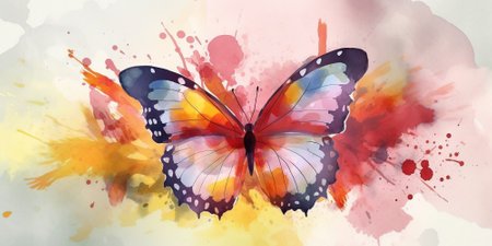 watercolor painting of beautiful colorful butterfly with wings in pastel colors and watercolor paint splashes and drops , generative AIの素材