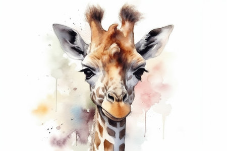 watercolor painting illustration of cute giraffe face on a white background with drops and splashes of watercolor paints in pastel colors , generative AIの素材