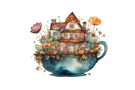 watercolor painting of storage book small wooden house in a fantastic cup with bright flowers , generative AIの素材
