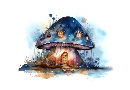 magical fabulous Mushroom House from storytale at night, watercolor painting , generative AIの素材