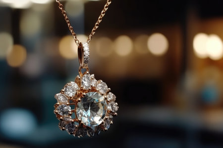 Cut diamond in a pendant on a blurry background in a jewelry store, generative AIの素材