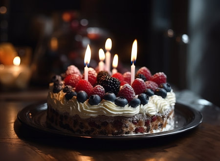 Close-up shot of a small cake with assorted berries and candles on a plate on the table with a blurred backgroundの素材