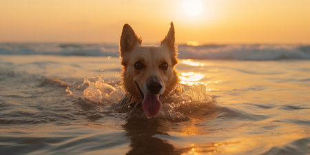 Dog swimming in ocean water enjoys sunset.の素材