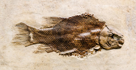 Prehistoric fish fossil impint in stoneの写真素材