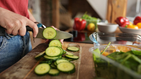 Woman Cutting Cucumbers On A Cutting Board For Healthy Vegetable Dinnerの写真素材