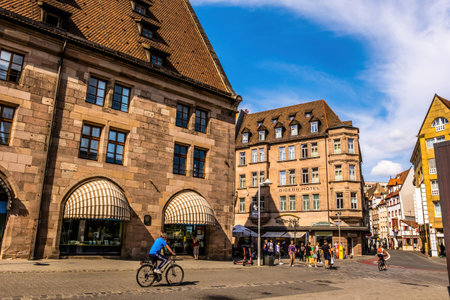 Nurnberg, Germany - 29 August 2022: Old city center in Nuremberg, Germany with ancient architecture...