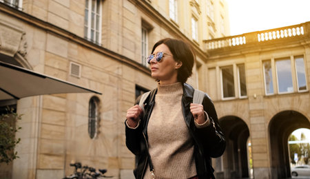 Attractive stylish Woman In Sunglasses Walks By City Street With Backpackの写真素材