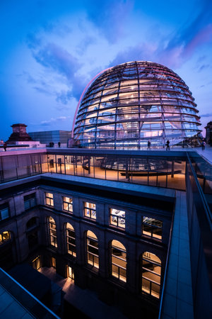 Berlin, Germany - 19 September 2020: Reichstag large glass dome and roof terrace at sunsetのeditorial素材