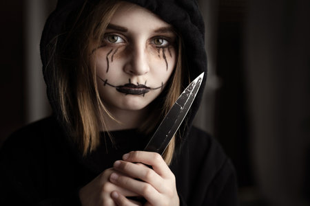 Spooky little girl holding knife and looking at blade. Scary child kid in black and Halloween dark makeupの写真素材