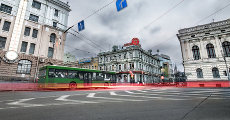 Kharkiv, Ukraine - 01 December 2013: Traffic track lights in the Central part of Kharkiv. View on...