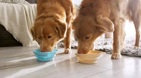 Beautiful pair of toller retriever dogs drinking water from bowls in room