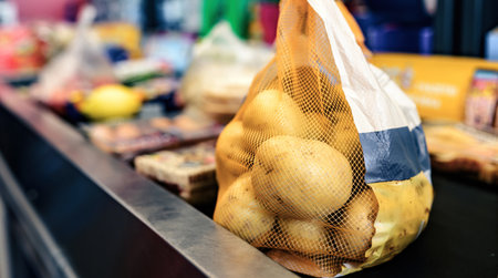 Potato pack net on supermarket shelf. Fresh vegetables divercity in grocery storeの写真素材